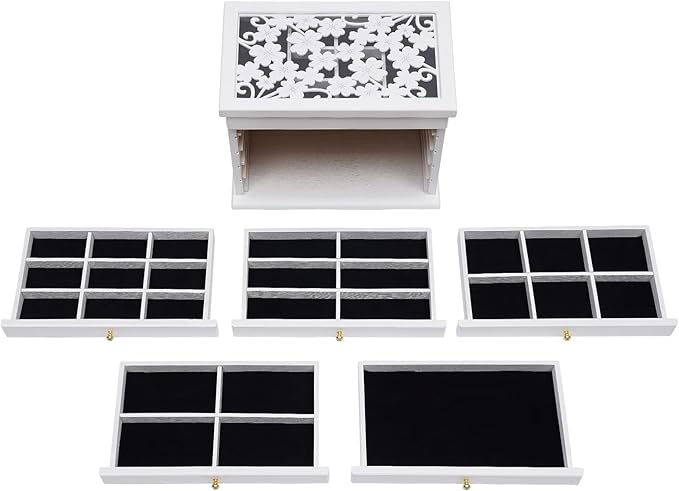 Wood Jewelry Box 6-Tier Large Jewelry Organizer Cabinet with 5 Drawers Women Girls Storage Display Case for Necklace Rings Earrings Accessories, with Mirror and Lock (Without Mirror-white)