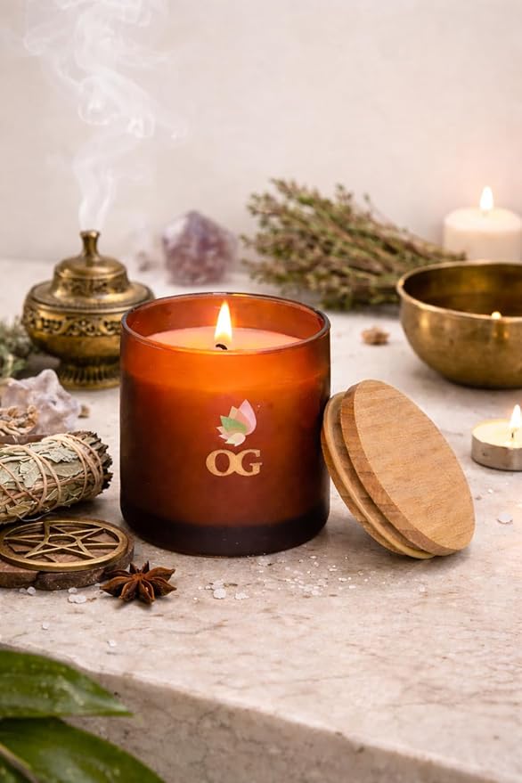 OG Premium Scented Candle, Luxury Handmade Candle with Wooden Lid, Amber Glass Jar, for Relaxation and Home Décor