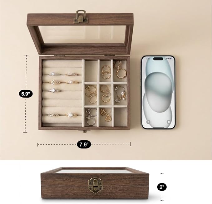 CT SUN Small Wooden Jewelry Organizer Box Case, Vintage Style Display Case with HD Glass Lid, Velvet Lining, for Women Rings Earrings Bracelets Brooches, Compact Size Jewelry Box for traveling