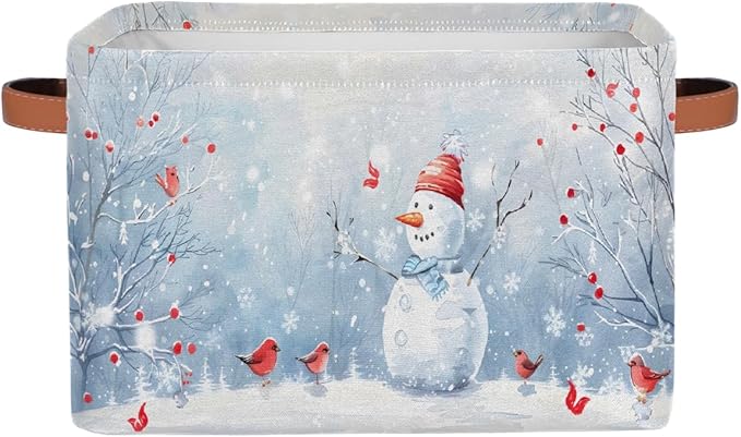 Storage Baskets Bin, Christmas Winter Snowman Collapsible Canvas Fabric Storage Bin Decorative Baskets Toy Organizer Rectangle Storage Boxes with Handles for Home Shelves Nursery, J-019