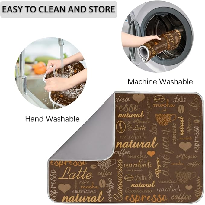 Hexteria Coffee Dish Drying Mat for Countertops, Quick Drying Mat for Kitchen, 16"x18", Brown