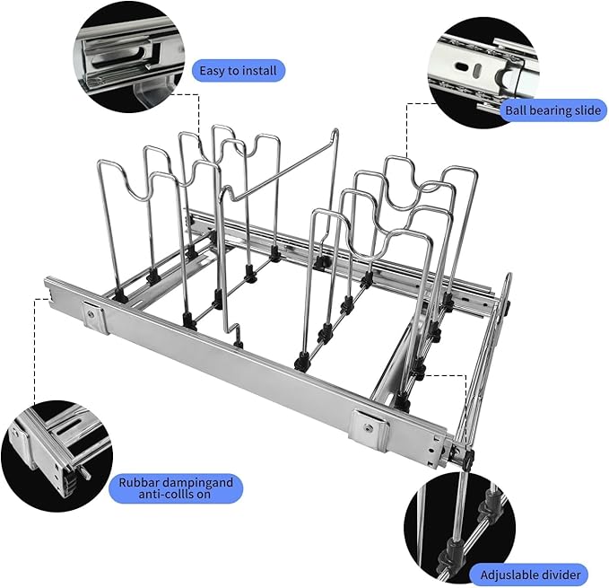STORKING Pots and Pans Pull Out Organizer Under Cabinet, Adjustable Slide Out Pan and Pot Lid Rack Holder, Wire Dividers Kitchen Organization And Storage, Full-Extension Rail 12" W X 20" D
