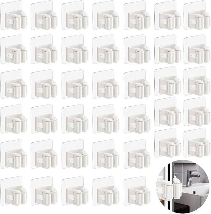 3-H 40 Pack Self Adhesive Broom Holder Wall Mount - Heavy Duty No Drill Broom Organizer for Garage Closet Kitchen, Plastic Storage Rack for Brooms Mops Tools, Peel and Stick Adhesive, White