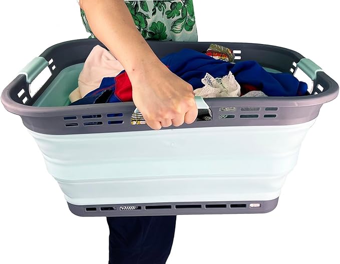 SAMMART 42L (11 Gallon) Collapsible Plastic Storage Basket - Foldable Pop Up Storage Container/Hamper - Portable Laundry Organizer - Space Saving (Grey/Lake Green, 42L (Style A))
