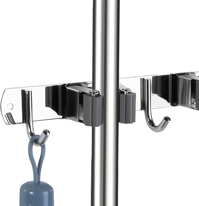 voze 2 Racks and 3 Hooks Mop and Broom Holder Wall Mount, Self Adhesive Heavy Duty Broom Organizer Storage Tool Racks for Kitchen Garden Laundry Garage