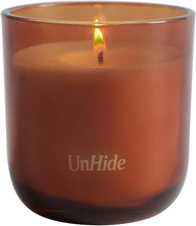 UnHide The Amber Candle - 50 Hour Burn Time - Notes of Amber, Nutmeg, Patchouli, Vanilla, Musk, Clove - Aromatic and Fragrant Soy Wax Blend Candle - 7.5 oz