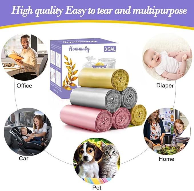 3 Gallon 180pcs Small Multi Trash Bags Strong Pink Grey Gold Garbage Bags,Plastic Bathroom Trash Can Bin Liners Unscented,Waste Basket Liner Fit 10-13 Liter,2.5-2.6 Gallon,3.2Gallon(3-PGG180)