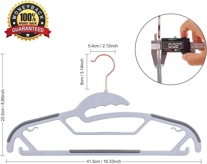 FSUTEG 50-Pack Slim S-Shaped Plastic Hangers with Non-Slip Grips – Space-Saving Gray Hangers for Delicate Necklines, Fits Shirts, Dresses & Coats in Closet/Dorm Organizers