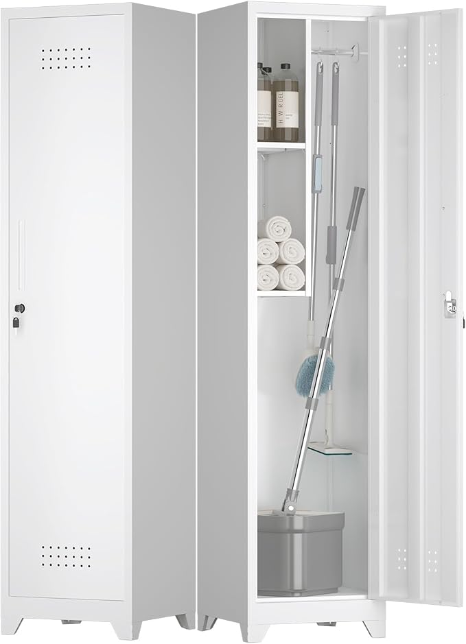 Slim Broom Closet Storage Cabinet, 65" H Metal Cabinets with Locking Door and Shelves & S-Hooks, Utility Closet, Narrow Storage Cabinets for Home Office, Pantry, Bathroom, Garage, White