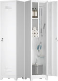 Slim Broom Closet Storage Cabinet, 65" H Metal Cabinets with Locking Door and Shelves & S-Hooks, Utility Closet, Narrow Storage Cabinets for Home Office, Pantry, Bathroom, Garage, White