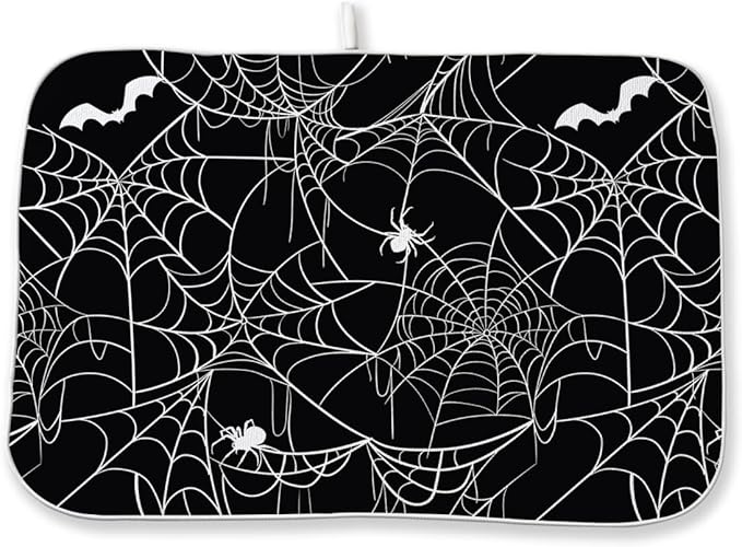Halloween Dish Drying Mat 18 x 24 Inch Bat Spider Web Drying Mat for Kitchen Counter Absorbent Spiders Black Dishes Dry Pad for Drainer Rack Kitchen Fast Dry
