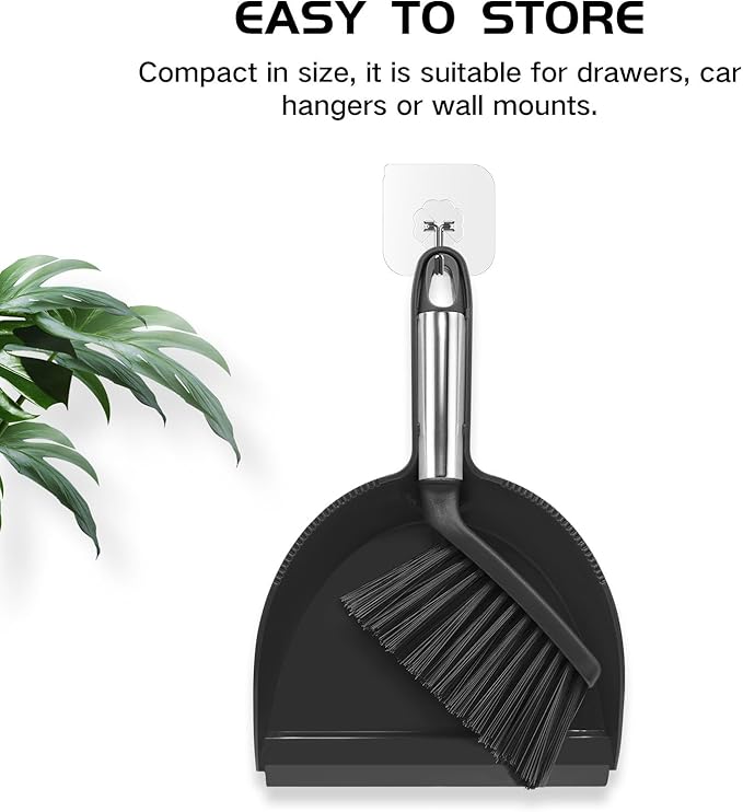 NACENA Mini Broom and Dustpan Set, Small Dust Pan and Brush Set with Handle Dustpan Teeth for Cleaning Hair Suitable for Office Desks Drawers Sofas Outdoor Camping, Black