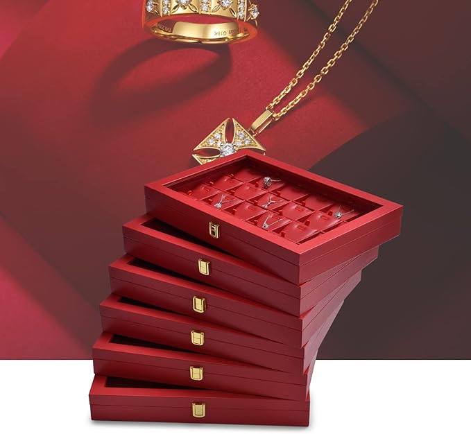 Oirlv Premium Red Leather Jewelry Tray with Acrylic Lid Jewelry Organizer Case Showcase Jewelry Display Organizer Box