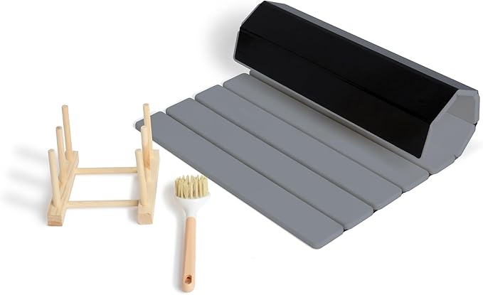 Hycrest HavenMat – Large Stone Dish Drying Mat (24”x16”) with Bamboo Rack & Brush | Quick-Dry Diatomite Counter Mat for Dishes, Glassware, Plants & Pets | Grey Kitchen Drying Stone (Grey)