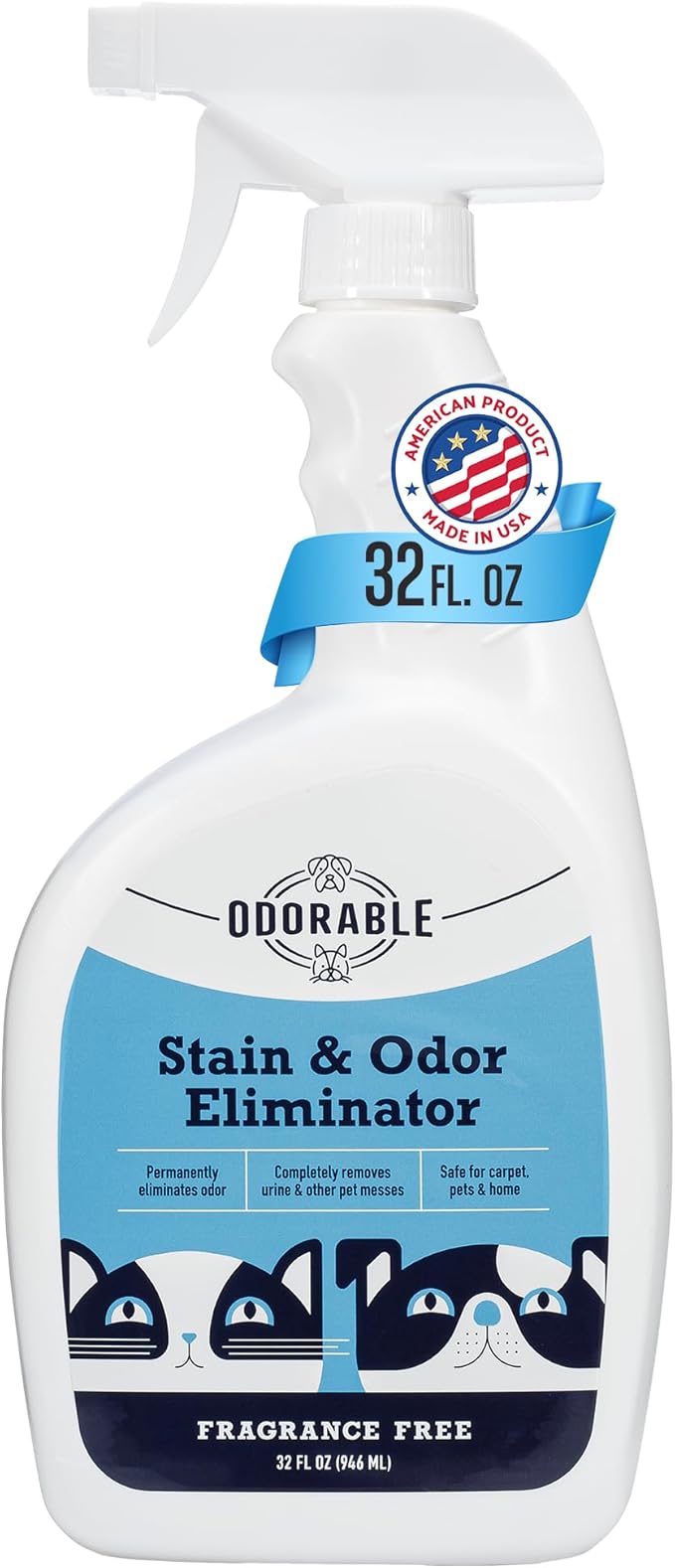 Odorable Stain & Odor Eliminator (32 oz) - Professional Cleaner for Pet Urine, Vomit & Feces, Safe on Carpet, Couch & Floor, Pet Stain Eliminator Spray, Advance Odor Control Technology