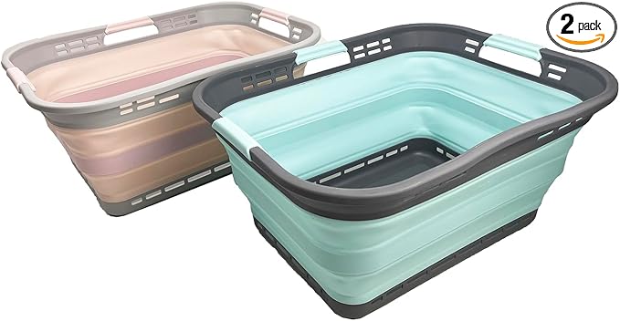 SAMMART 42L (11 Gallon) Collapsible Plastic Storage Basket - Foldable Pop Up Storage Container - Portable Laundry Organizer - Space Saving Hamper (Pink+Lake Green, 42L (Style A))