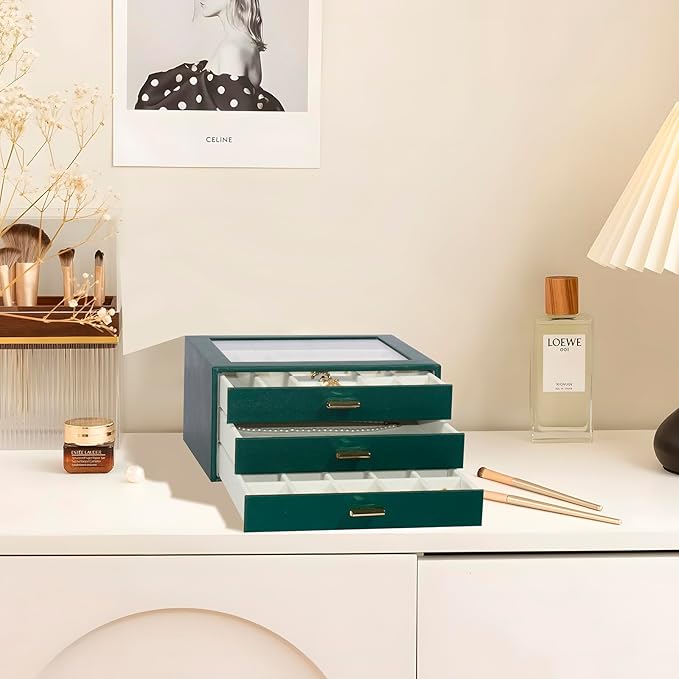 Jewelry Box Organizer with 3 Drawers,Glass Lid Jewelry Boxes for Women,Jewelry Storage for Rings,Necklaces,Earrings,Bracelets,Interesting Gift,Green