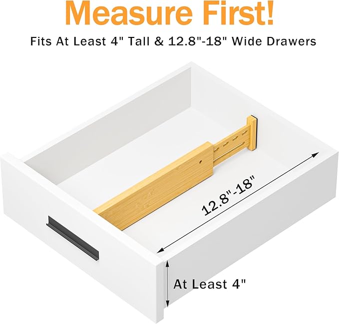 Ryqtop Bamboo Drawer Dividers 4" High, 12.8-18" Adjustable Drawer Organizers for Clothes,Expandable Dresser Separators in Bedroom/Kitchen/Bathroom/Office Organization and Storage,4 Pack