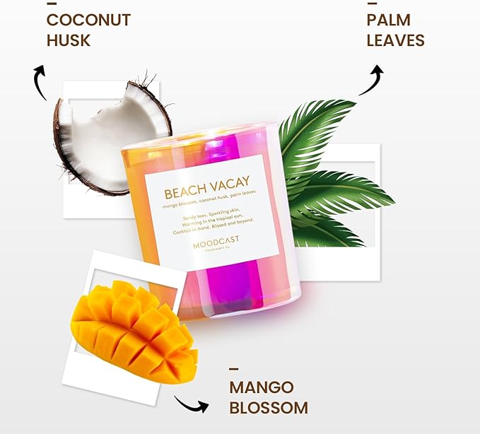 Moodcast Beach Vacay Scented Candle - Aesthetic Candle for Home, Mango Blossom, Coconut & Palm Leaf, Clean Coco Wax Blend, Vegan, Paraben Free, 45-Hour Long Lasting Burn - 8oz