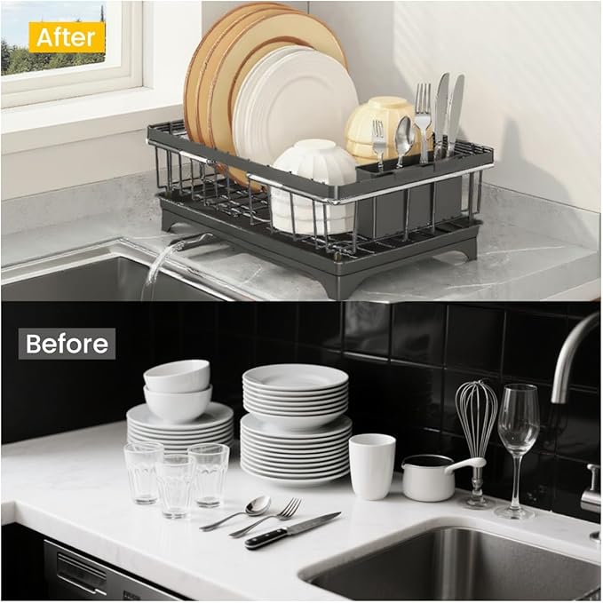 WENVITA Expandable Dish Drying Rack Over Sink, Space-Saving Dish Racks for Kitchen Counter, Dish Drainer Rack in Sink with Removable Utensil Holders, 11.2" D x 14.5" W x 4.5" H, Black