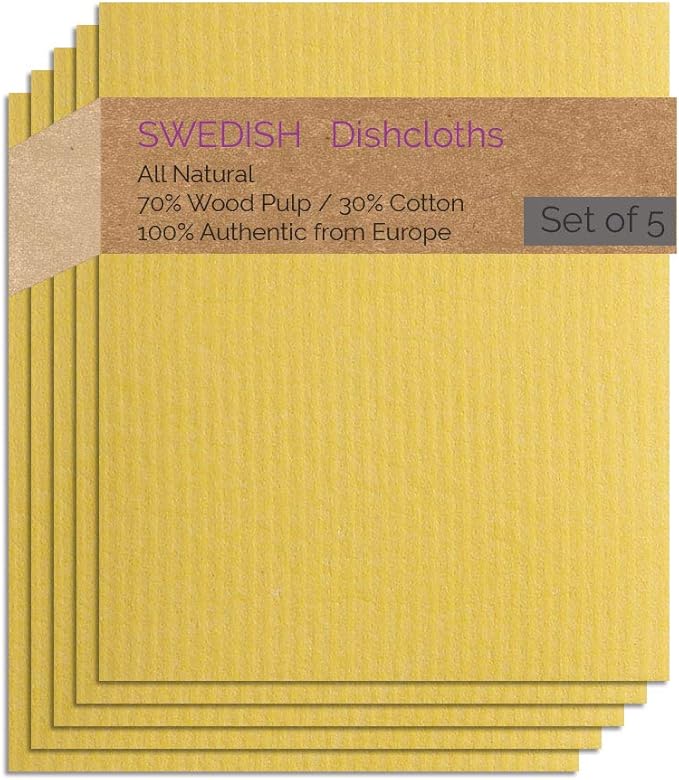 SWEDEdishcloths - Cellulose Sponge Dish Towels - Set of 5 (Yellow) Swedish Dish Cloths