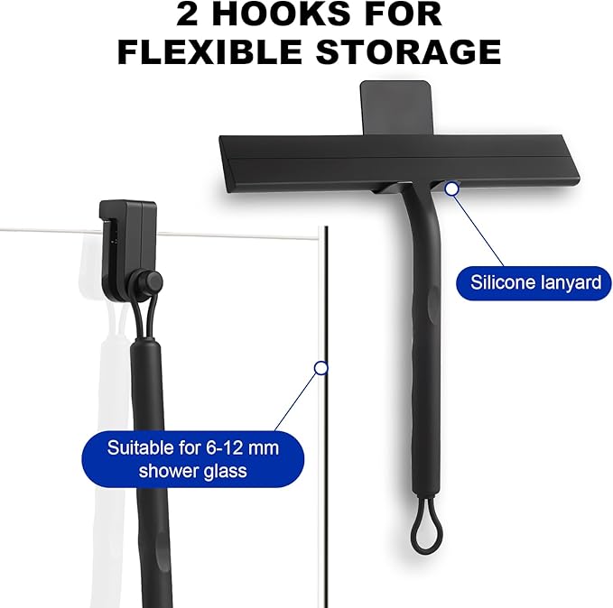 wlich Shower Squeegee for Glass Doors, 8.5" Slicone Squeegee for Shower Glass Door, Black Shower Squeegee for Shower Doors Windows Mirrors Cars Cleaning, Shower Door Squeegee with 2 Hooks