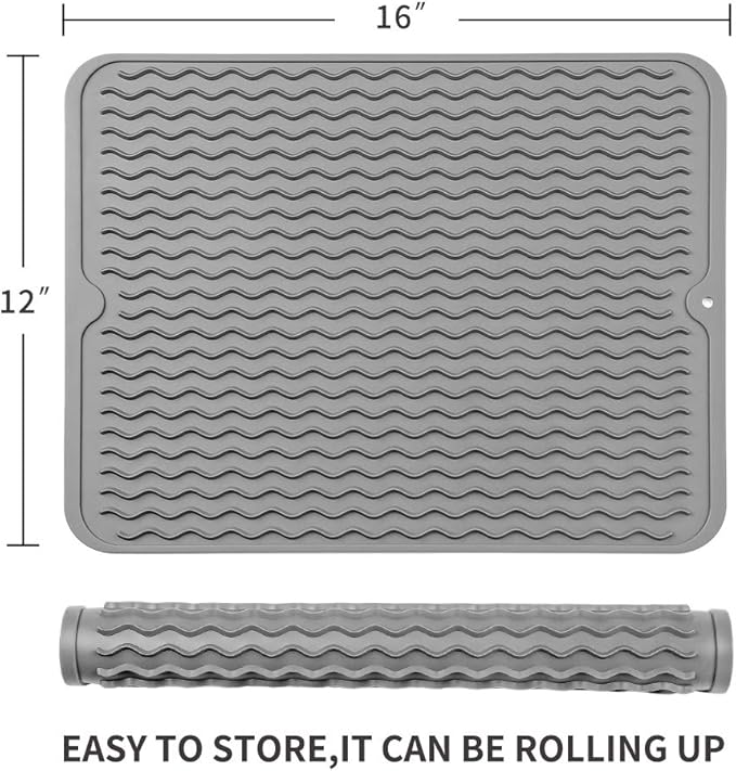 MicoYang Silicone Dish Drying Mat for Multiple Usage,Easy clean,Eco-friendly,Heat-resistant Silicone Mat for Kitchen Counter or Sink,Refrigerator or drawer liner Grey L 16 inches x 12 inches
