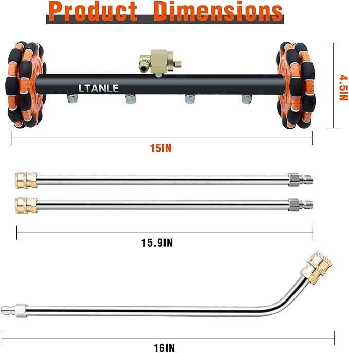 LTANLE 2-in-1 Can Move Horizontally Pressure Washer Undercarriage Cleaner Water Broom, 15" Surface Cleaner Power Washer Attachment with 4 Nozzles 3 Extension Rods andSpare Wheel，4000 PSI (15inch)