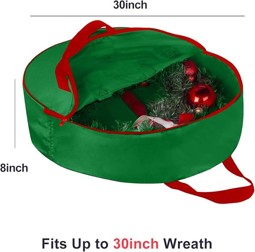 30" Christmas Wreath Storage Container Bag - Christmas Large Garland Ornament Wreath Container - Reinforced Wide Heavy Duty Handle and Double Sleek Zipper - Protect Your Party Decorations - Green