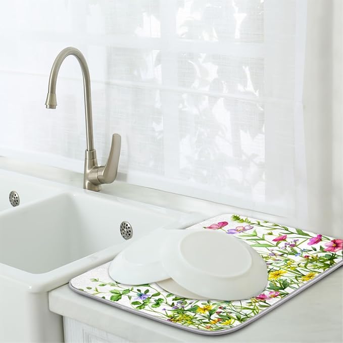 Hexteria Colorful Flowers Dish Drying Mats for Kitchen Counter 16 X 18 Inch Spring Floral Microfiber Dish Mat, Dish Drainer Mats for Countertops, Wildflower