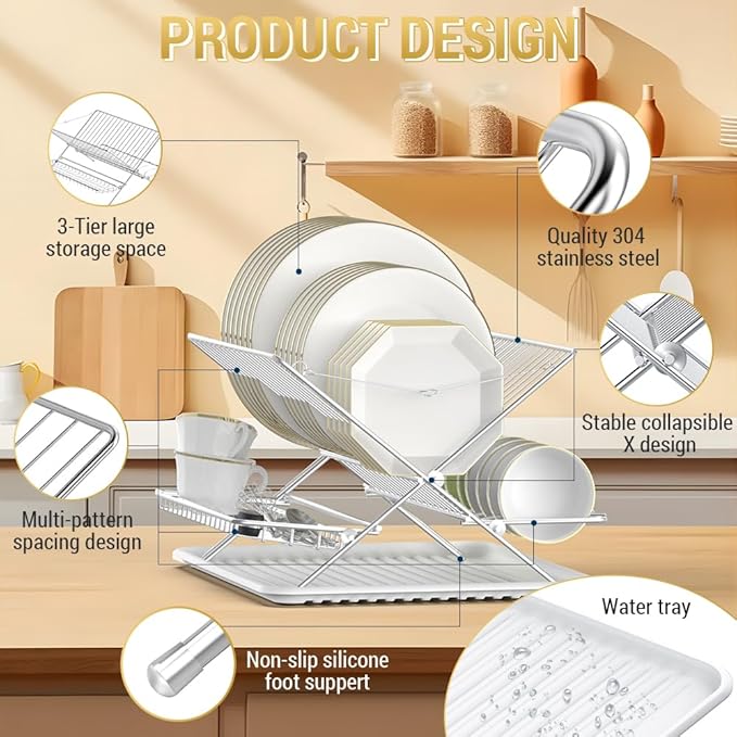 TABABAO Over The Sink Dish Drying Rack, Collapsible 3 Tier Dish Racks for Kitchen Counter, Large Capacity Stainless Steel Dish Drainer with Utensil Holder and Drainboard (Upgraded)