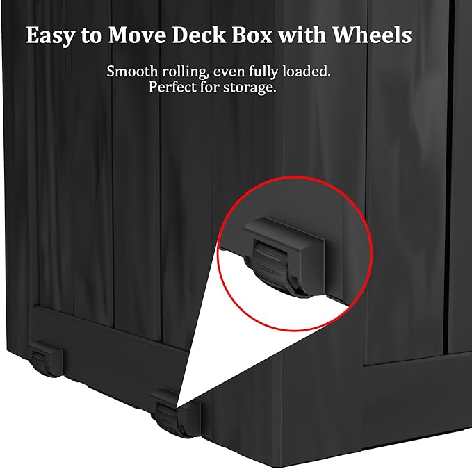 Outdoor Storage Box Waterproof with Wheels, 75 Gallon Lockable Resin Deck Box Patio Storage Bin for Pool Accessories Cushion Furniture, Garden Tools, UV-Resistant Outside Delivery Black