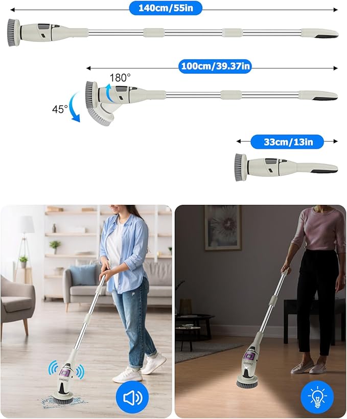 SAKAKI Electric Spin Scrubber Cordless Shower Cleaning Brush with 10 Replaceable Heads Powerful IPX7 Waterproof Bathroom Cleaner 3 Speeds Detachable Long Handle Voice Broadcast for Floor Car Kitchen