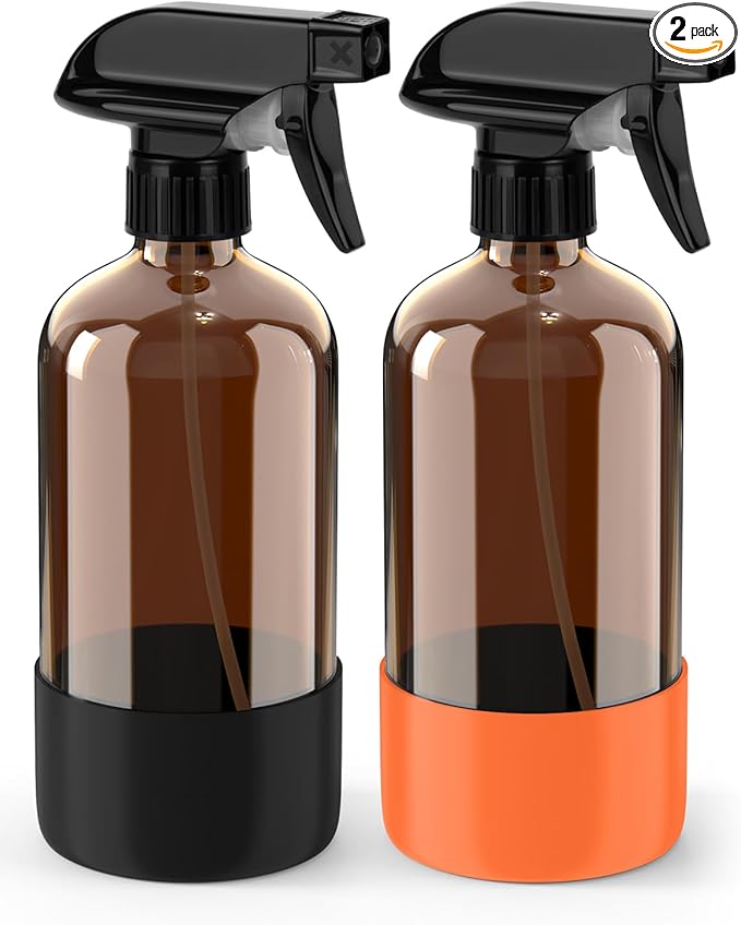 Bontip Glass Spray Bottle with Silicone Sleeve Protection, Amber Glass Spray Bottle Set for Window Cleaner Aromatherapy Facial Hydration Watering Flowers Hair Care 2 Pack/16 oz (Black & Orange, 16 oz)