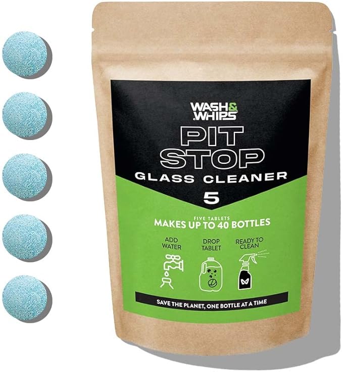 WASH&WHIPS Window/Glass Cleaner Refill Tablets - 5ct (Makes 5 Gal/20L) - Streak-Free, Cleans Glasses, Windows, Windshields - Car, Office, Home & Kitchen