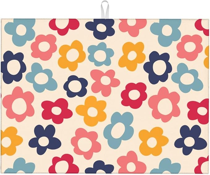 Colorful Daisy Flowers Dish Drying Mat,Boho Groovy Drying Rack Pad Countertop Dishes Ultra Absorbent Reversible Microfiber Kitchen Counter Mat for Coffee Countertop Decor 18x24 Inch