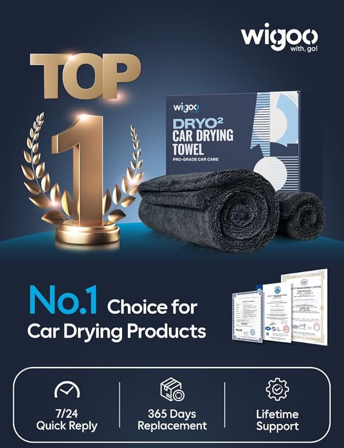 Wigoo Microfiber Car Drying Towels 36" x 24" [1300GSM Ultra-Absorbent, No Streaks & Scratches] Dual-Sided Edgeless Cleaning Towel with Twisted Loop, for Auto Detailing, Cars, SUV, Truck (2-Size Set)