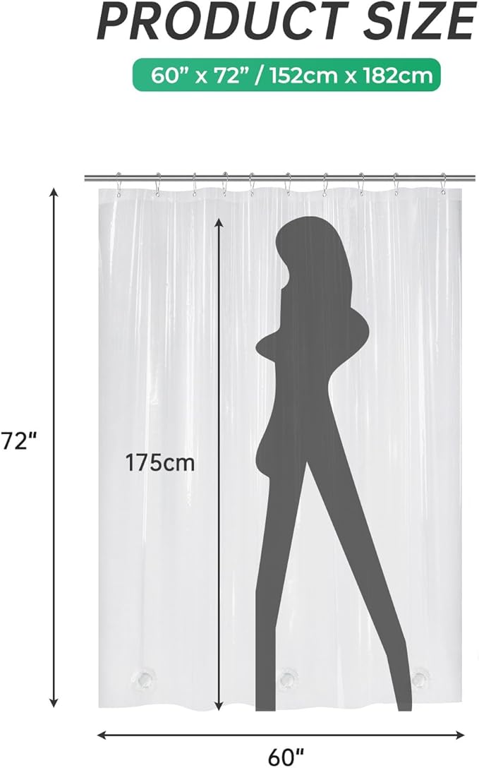 AmazerBath Plastic Shower Curtain, 60 x 72 Inches PEVA Heavy Duty Clear Shower Curtain, Waterproof Heavy Weight Thick Bathroom Curtain with 3 Big Clear Weighted Stones and 10 Rustproof Grommet Holes