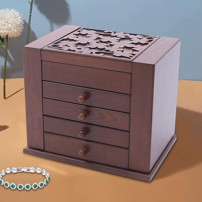 5-Layer Large Jewelry Box Organizer with Mirror and 4 Drawers, Soft Velvet Lining, Wooden Jewelry Boxes & Organizers,Jewelry Storage for Rings Earrings Necklaces Bracelets Christmas New Year Gift