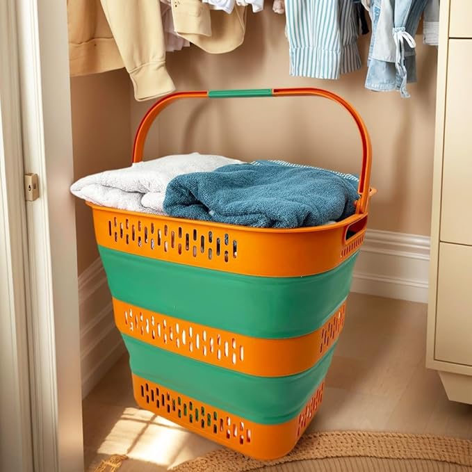 SAMMART 38L(10 Gal) Collapsible Laundry Basket - Foldable Pop-Up Storage Container/Organizer-Portable Space Saving Hamper, Measure 17.5x13.3x15.7"/3.8" Expanded/Collapsed (1, Autumn Leaf/Forest Green)