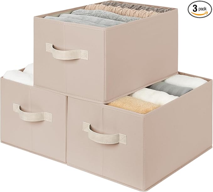 StorageWorks Storage Baskets for Shelves, Foldable Fabric Closet Storage Bins with Handles, Fabric Storage Bins Clothes Organizer, Light Brown, 3-Pack, Extra Large