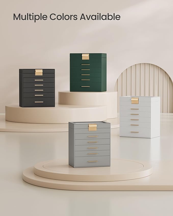SONGMICS Jewelry Box Organizer with Glass Lid, 6-Layer Jewelry Storage, with 5 Drawers, Modern Style, 6.4 x 9.9 x 11.4 Inches, Dove Gray and Gold Color UJBC171G01