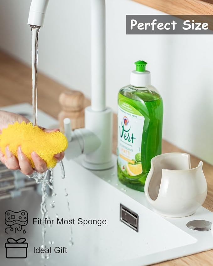 Zoeeker Sponge Holder for Kitchen Sink Counter, Ceramic Dish Sponge Caddy White Sink Organizer Dish Rack Farmhouse Brush Holder for Bathroom, Kitchen, White