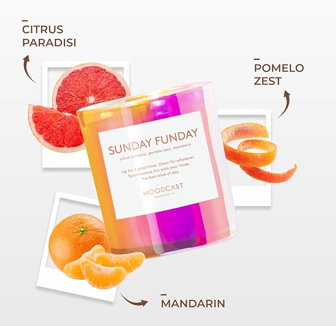 Moodcast Sunday Funday Scented Candle - Aesthetic Candle for Home, Citrus, Pomelo Zest & Mandarin, Clean Coco Wax Blend, Vegan, Paraben Free, 45-Hour Long Lasting Burn - 8oz