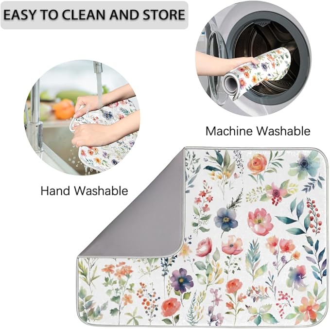 Hexteria Microfiber Absorbent Dish Draining Mat, Floral Dish Drying Mat for Kitchen Counter Washable Drainer Rack Pad, Vintage Floral