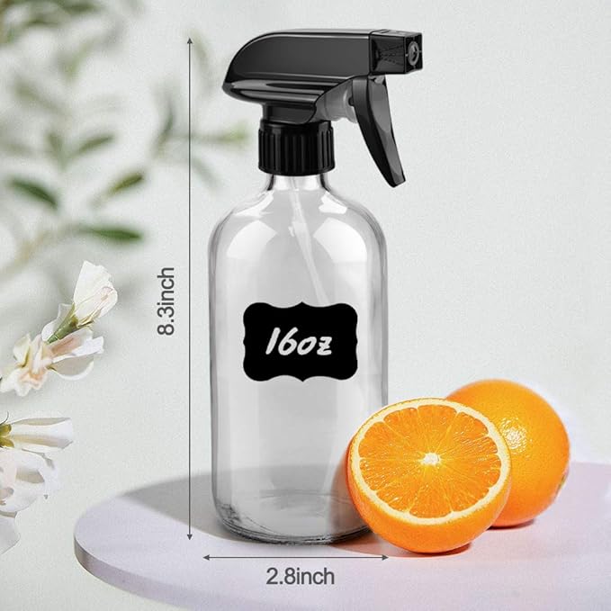 Worldgsb Glass Spray Bottles, 16oz Clear Glass Spray Bottles with Labels & Adjustable Nozzle, Reusable Containers for Cleaning, BBQ, Food, Plants, Alcohol, Essential Oils(3 Pack)