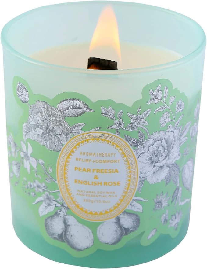 Large Scented Candle 10oz | Fresh Pear Freesia & Rose Soy Candle | Decorative Green Jar Wood Wick Candle Long Lasting | Aromatherapy Gift for Women & Men