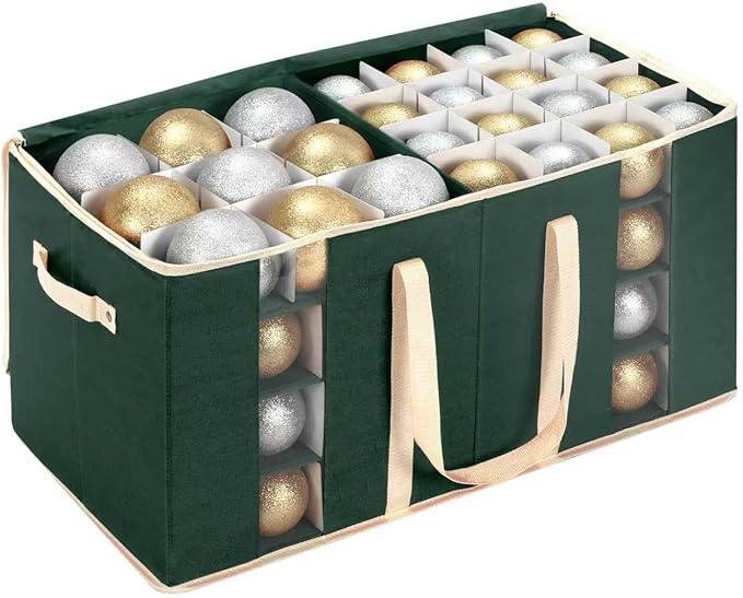 Large Christmas Ornament Storage Box With Adjustable Dividers,Ornament Storage Container with Two Handlesfor 128 Holiday Decorations,Green