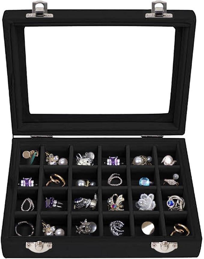 Velvet Jewelry Box 24 Grid Jewelry Earrings Display Organiser Box Ring Tray Holder Earrings Storage Case for Girls Women Wife Mom (Black)
