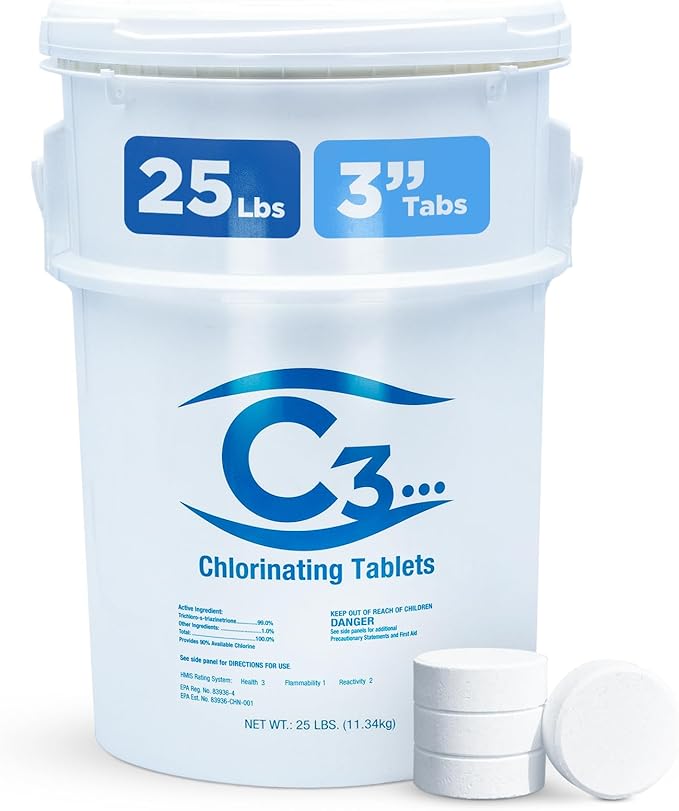 C3… 25 lbs. 3" Stabilized Chlorine Tabs for Swimming Pools | Easy to Use for Above Ground or Inground Pool | Slow Dissolving Individual Chlorinating Tablets | 25 Pound Bucket